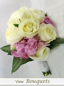 Peonies and Picasso Bridal Bouquet ~ this bouquet has pink peonies and Picasso Posy calla lilies. Shown side and top view.